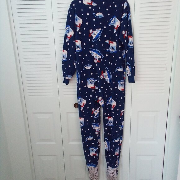 CHEROKEE L (12-14) NAVY FLEECE FOOTIE PAJAMAS POLAR BEAR FULL ZIP SLEEPER COZY - Picture 5 of 10